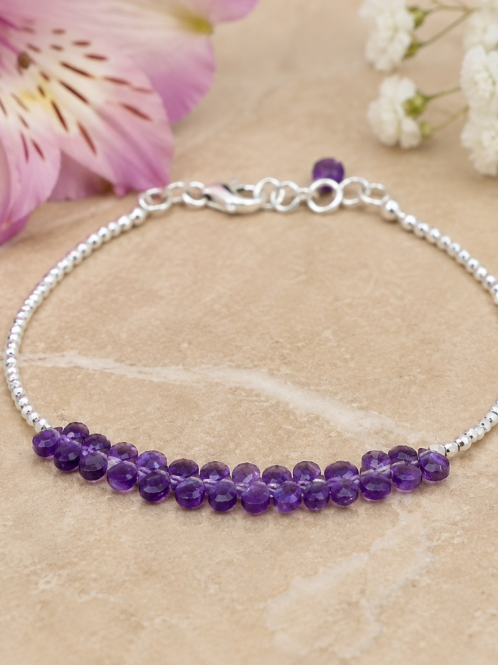 New Handcrafted Natural Amethyst Bracelet Sterling Silver Karen Hill Tribe Beads